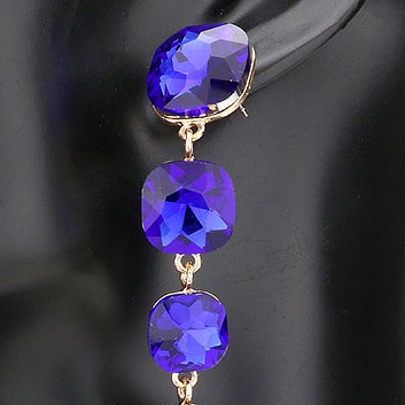 Royal Blue Square Stone Linear Crystal Drop Dangle Earrings 5" Formal Jewelry - Picture 2 of 4